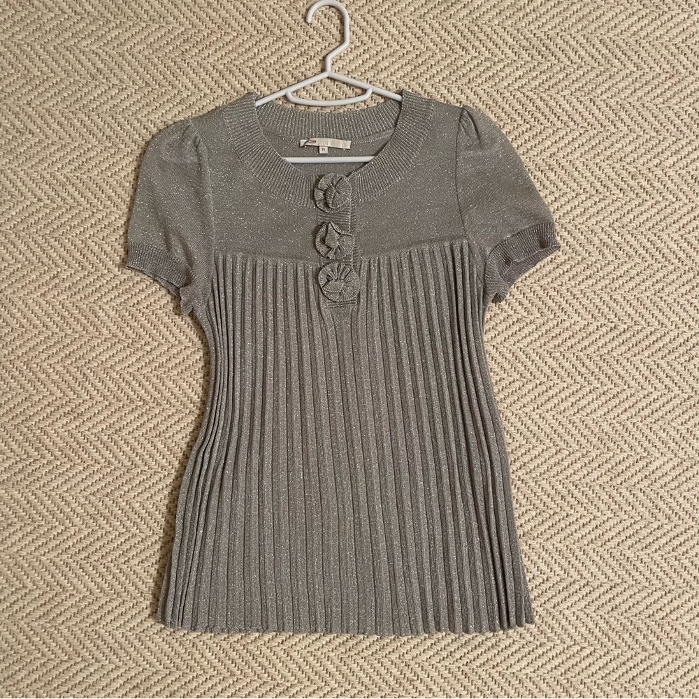 Maje short sleeve silver shimmer top with rose button detail